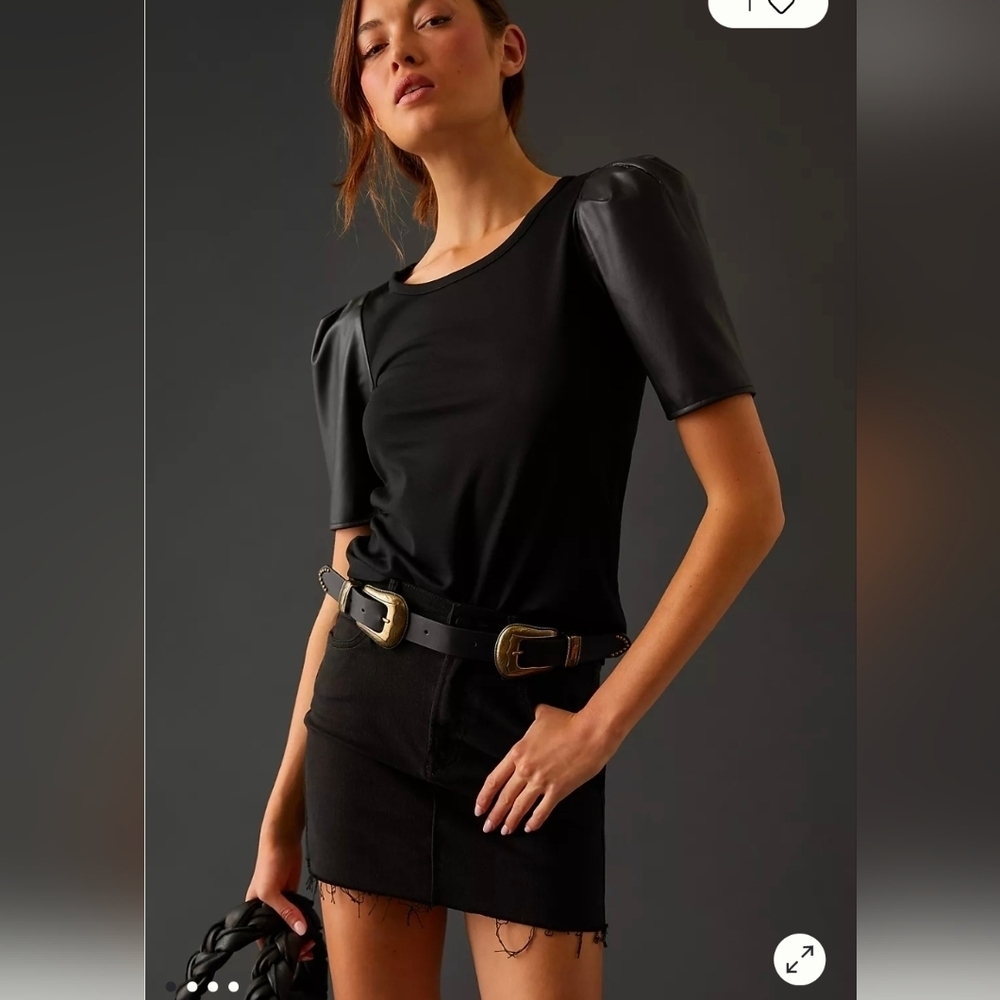 Anthropologie Black Faux Leather Sleeve Top Size Medium